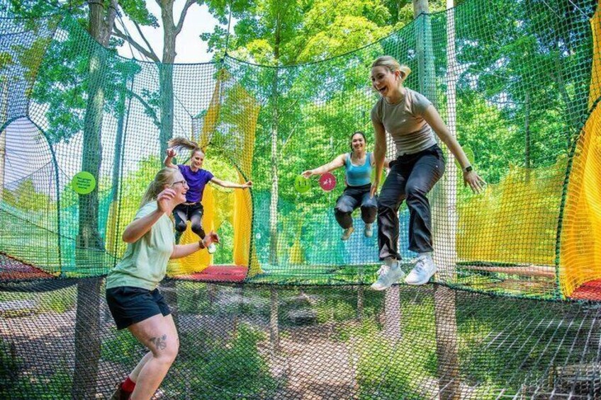 People jumping on a trampoline in an outdoor netted area surrounded by trees. 1