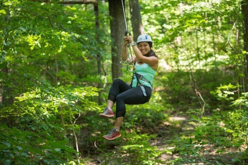 A person zip-lining through a forest. 1