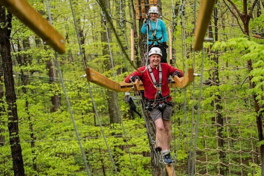 A person on a rope course in a forest. 3