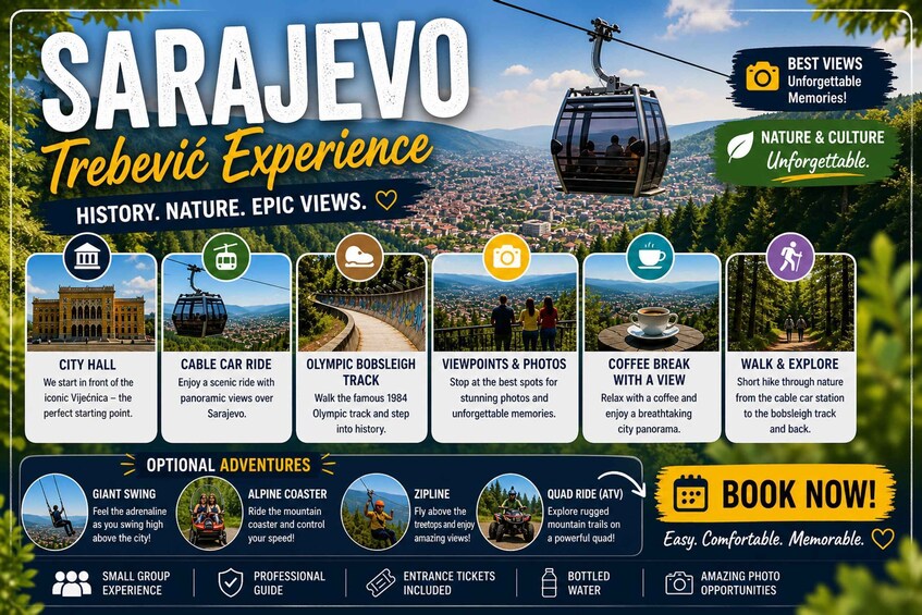 A travel experience in Sarajevo with activities like a cable car ride, Olympic bobsleigh track, and walking the bobsleigh track. 1