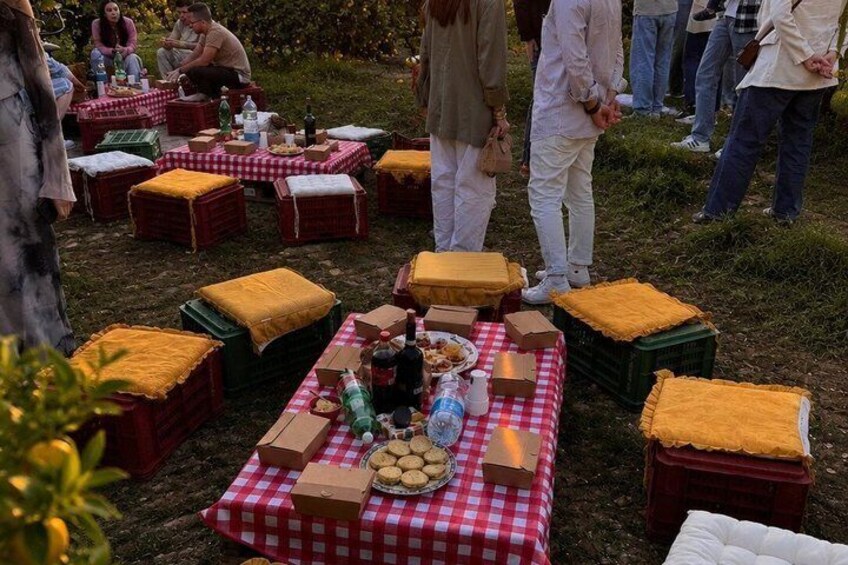 An outdoor picnic with checkered tablecloths, crates, and food items. 4