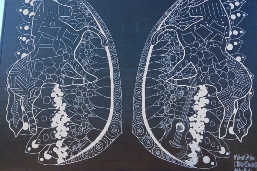 A wall mural with abstract patterns and shapes. 2