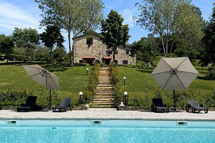 A swimming pool with lounge chairs and umbrellas, a stone house, and a staircase leading to the house. 1
