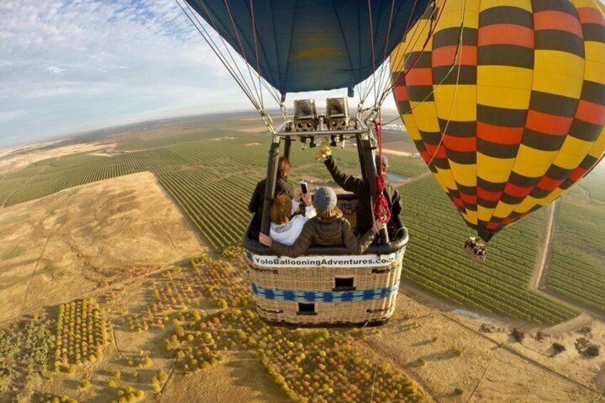 A hot air balloon with passengers, flying over agricultural fields. 4