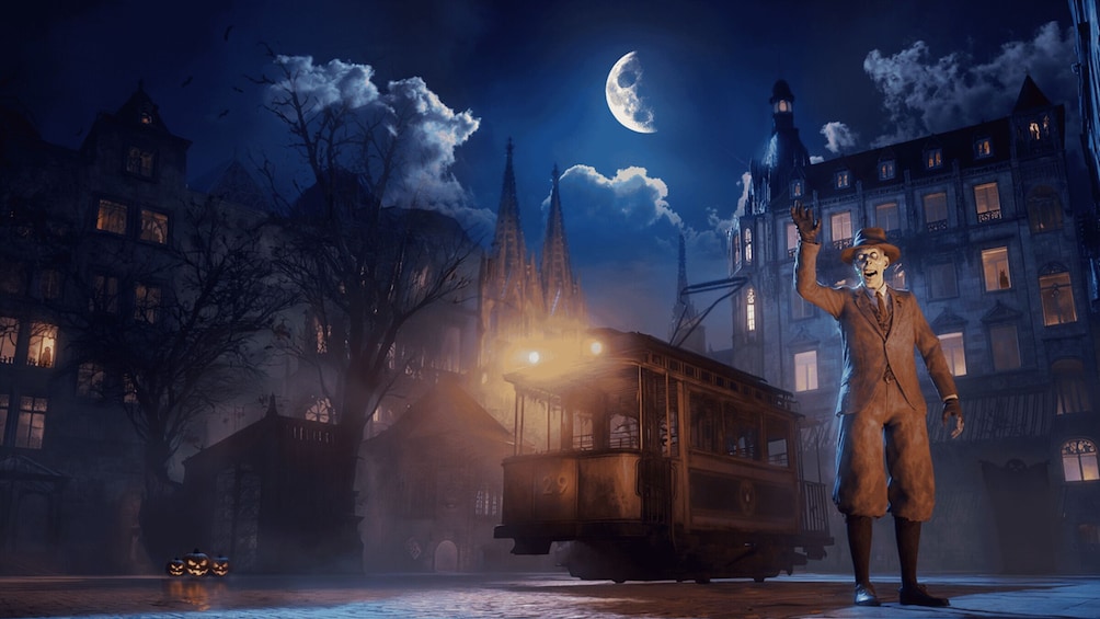 Une scène nocturne avec un tramway, une personne portant un chapeau et une architecture de style gothique. 3