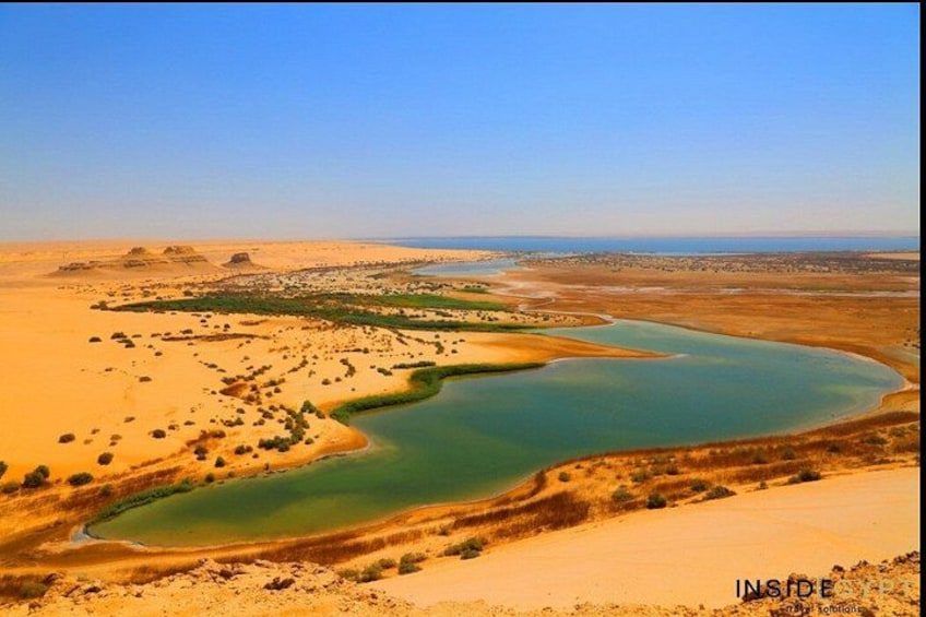 Un paysage désertique avec une étendue d’eau importante, des dunes de sable et une végétation clairsemée. 2