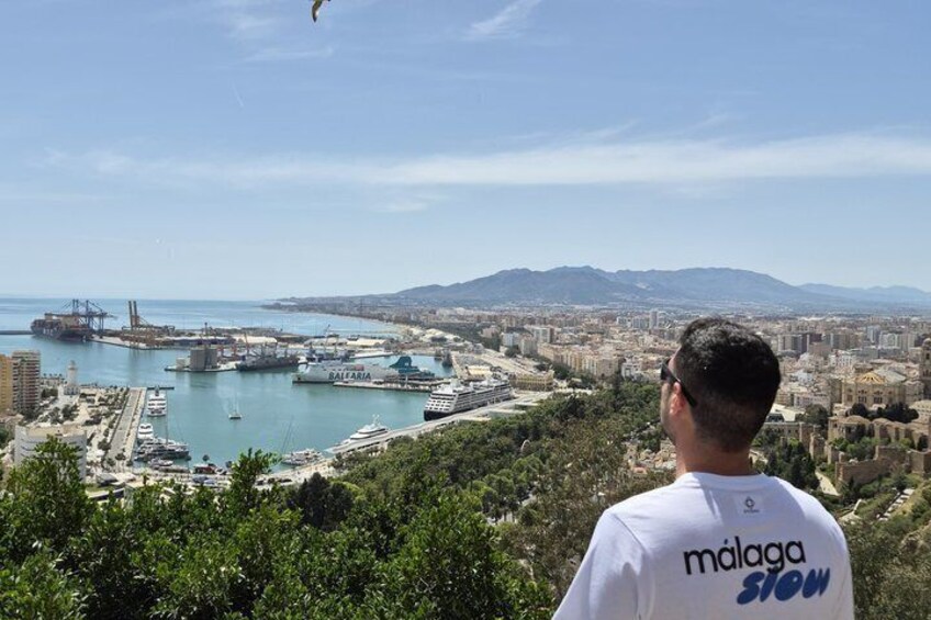 A coastal cityscape with a marina, buildings, and mountains in the background. 3
