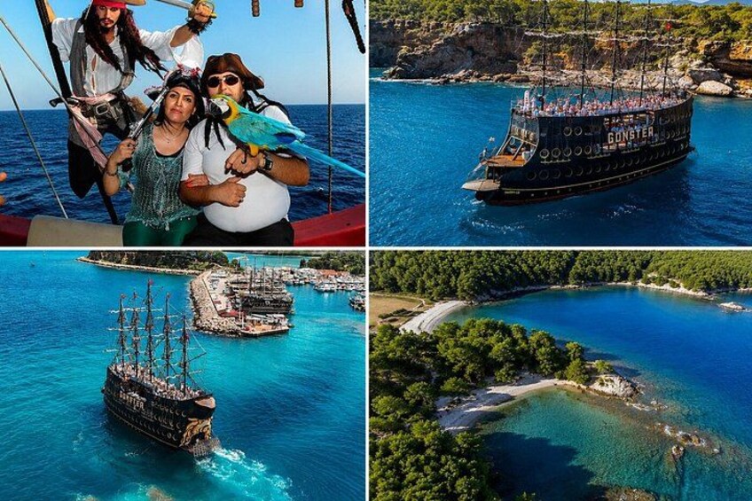 A cruise ship named 'GONSTER' with passengers, a coastal town, and a clear blue sea. 2