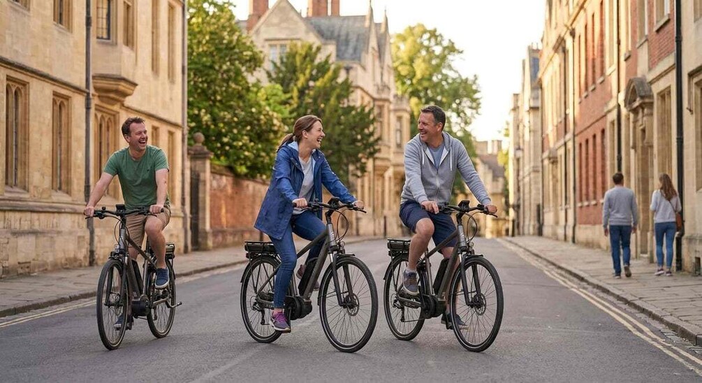 Three people riding bicycles on a street lined with historic buildings. 3