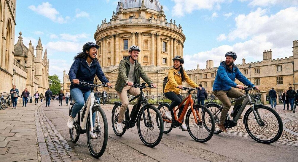 Four people riding bicycles on a cobblestone street with historic buildings in the background. 1