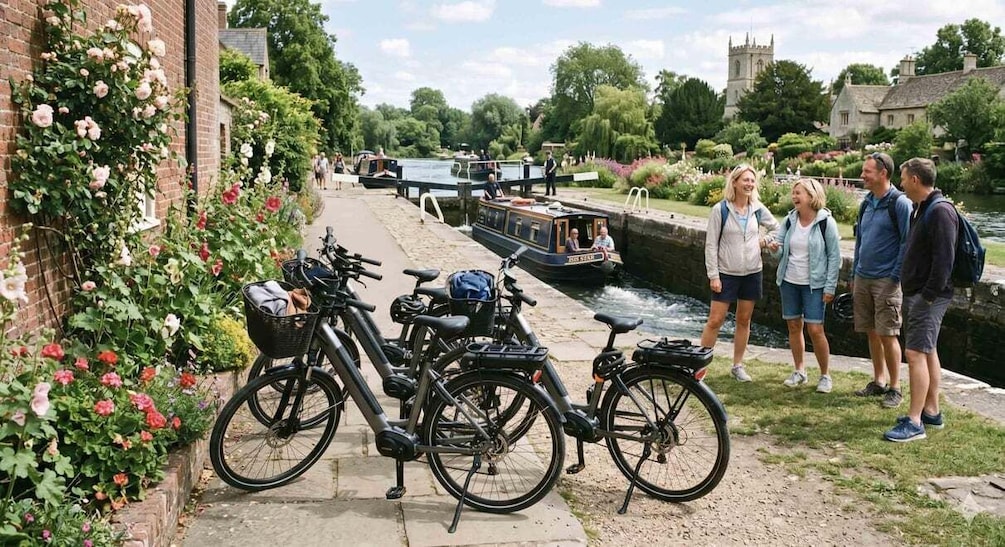 A canal with boats, bicycles, and people by the water. 5