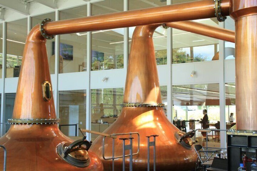 Copper distillation columns in a modern facility with large windows and a visible office area in the background. 5