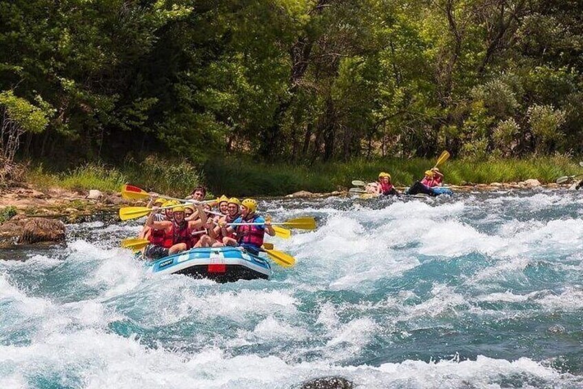 A group of people rafting down a river surrounded by trees. 4