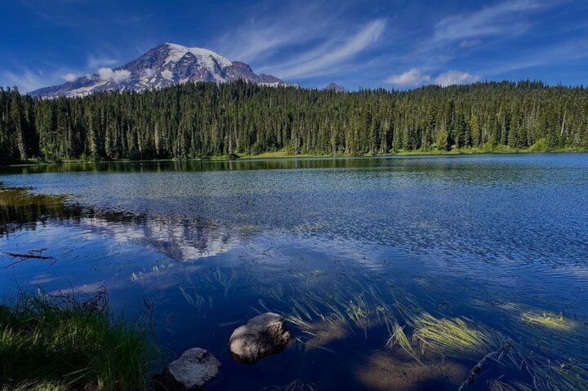 A calm lake with a mountain in the background and dense forest. 1