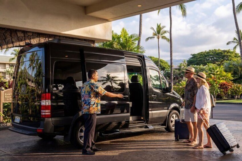 A black van parked at a hotel entrance with palm trees in the background. 5