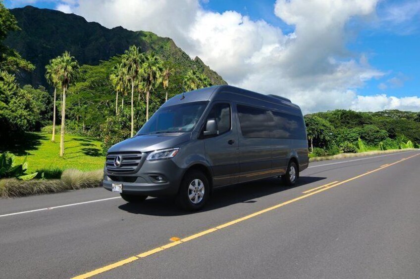 A gray van on a road with a mountainous landscape in the background. 1