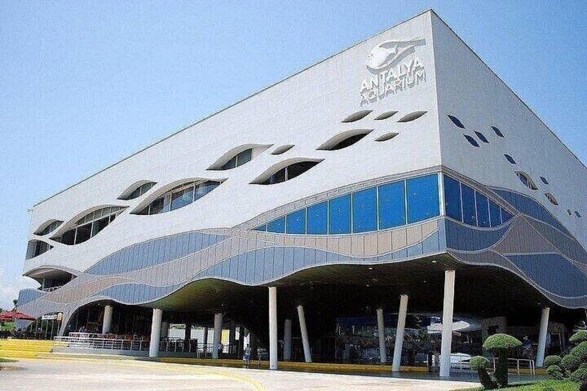 A modern building with a unique wavy facade and a sign that reads 'ANIMAL AQUARIUM.' 4