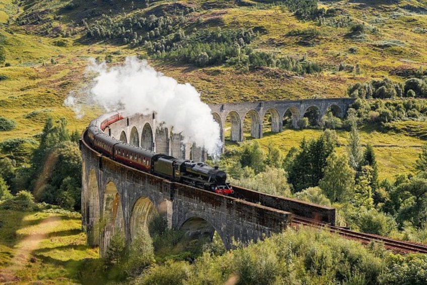 A steam train curving over a stone viaduct in a green landscape. 1