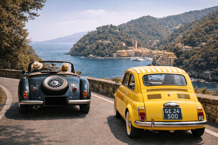 Two vintage cars parked on a coastal road with a scenic view of a mountainous town and the sea. 1