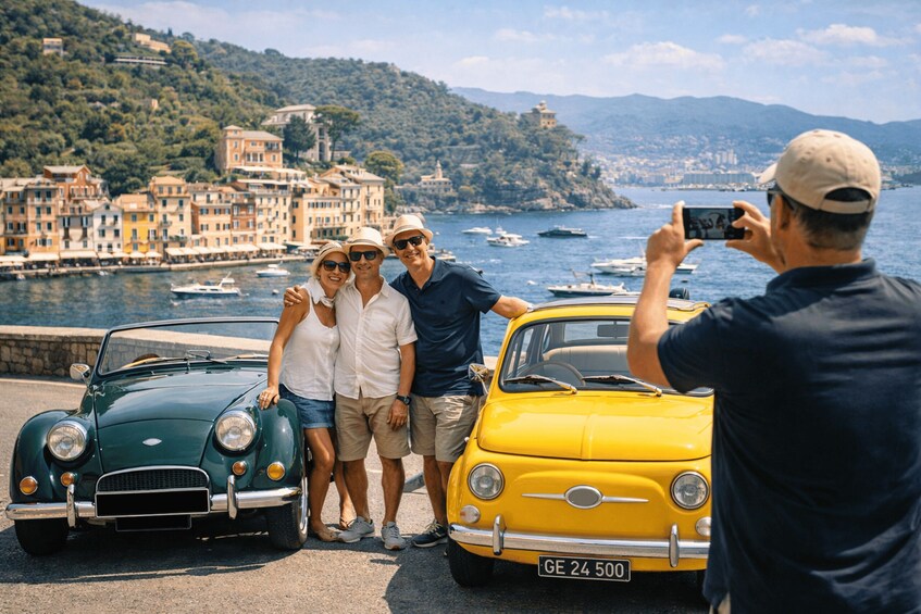 A coastal town with historic buildings, a harbor with boats, and a vintage yellow car parked in front. 4