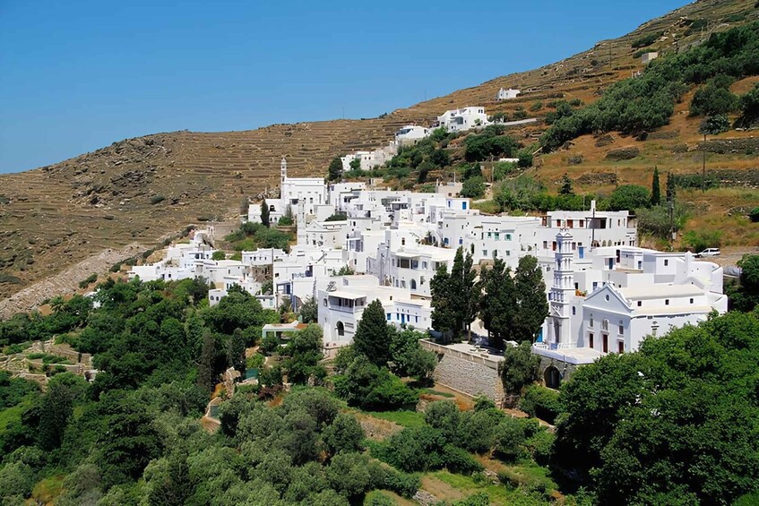 A white village on a hillside with terraced fields and trees. 3