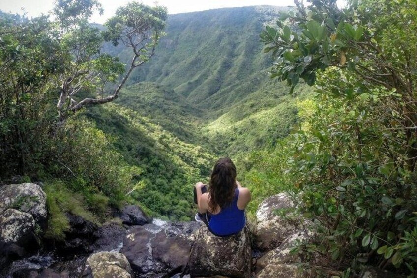 A person taking a photo of a lush valley with steep hills. 4