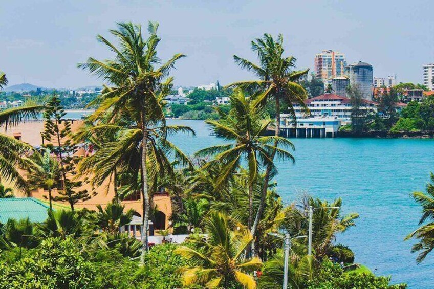 A coastal cityscape with palm trees, a beach, and high-rise buildings. 4