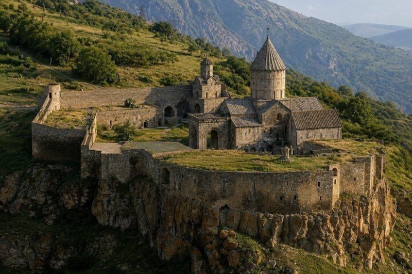 A historic fortress with a church on a hilltop, surrounded by lush greenery and mountains. 5