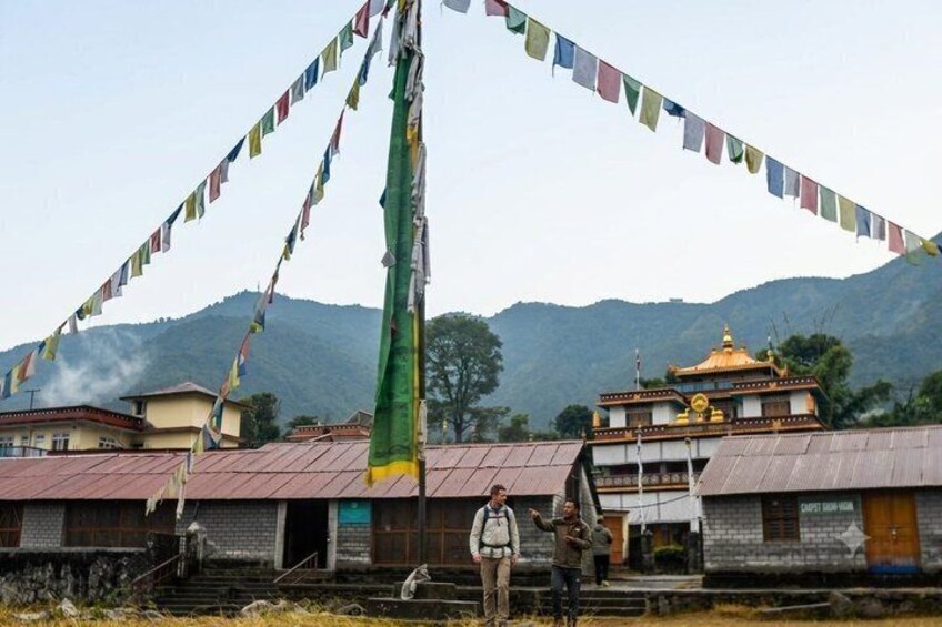 A traditional building with a golden roof, prayer flags, and a mountainous backdrop. 5
