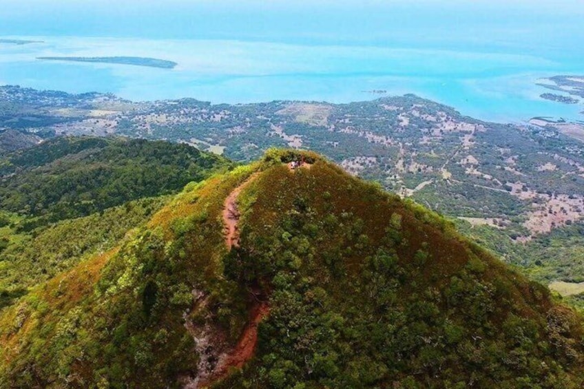A lush green hill with a trail leading to a higher elevation. 1
