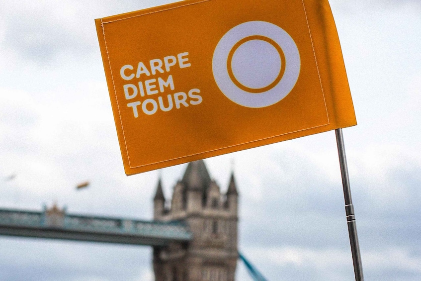 A flag with 'CARPE DIEM TOURS' text and a white circle, with the Tower Bridge in the background. 5