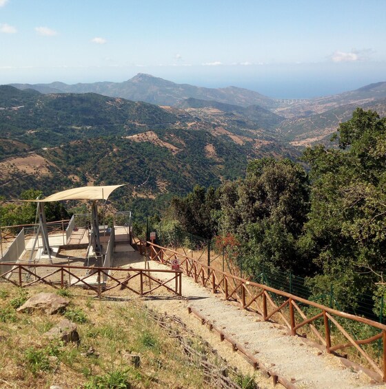 A scenic overlook with a wooden staircase leading down, surrounded by lush greenery and distant mountains. 3