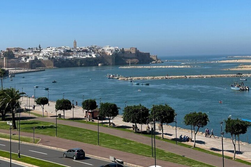 A coastal city with a prominent fort, a marina with boats, and a promenade with trees and people. 5