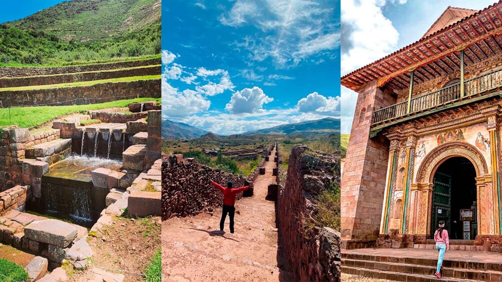 Terraced fields, a person walking on a path, and a building with ornate architecture. 3