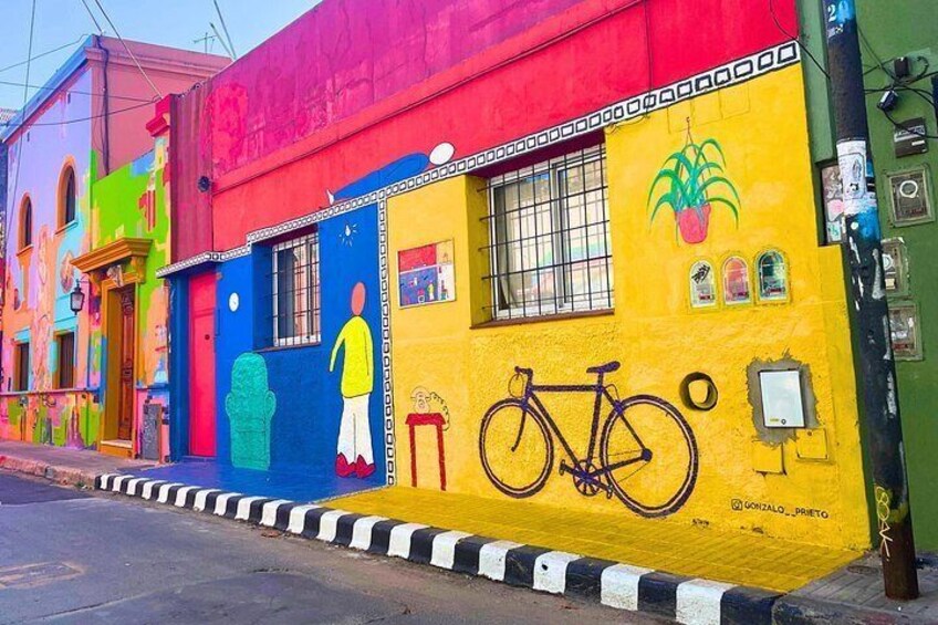 A colorful mural on a building with a bicycle and a plant. 3