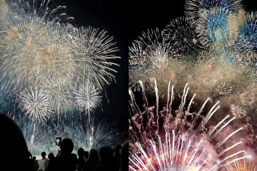A nighttime fireworks display with multiple bursts of light and smoke. 1