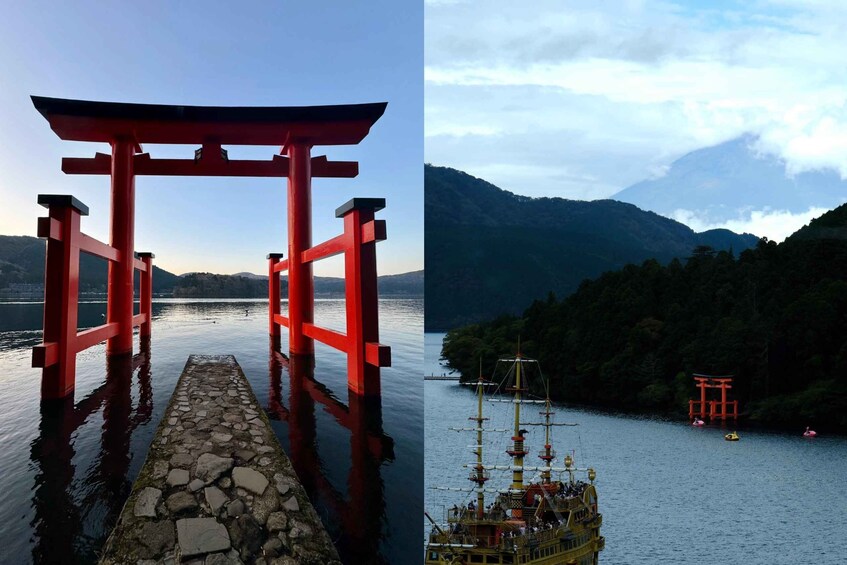 A traditional Japanese torii gate leading to a stone pathway over water, with mountains in the background. 2