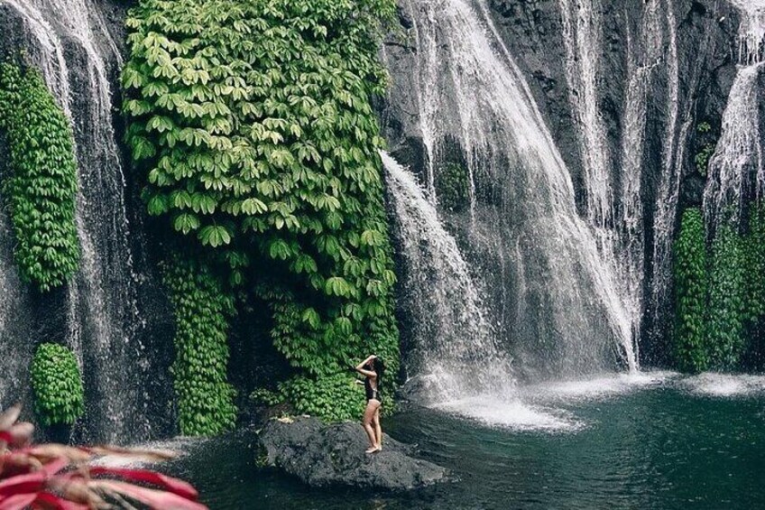 A waterfall with dense green foliage and a person standing on a rock in the water. 4