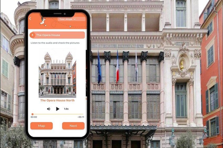 A smartphone displaying a tour guide app with a photo of The Opera House North. 4