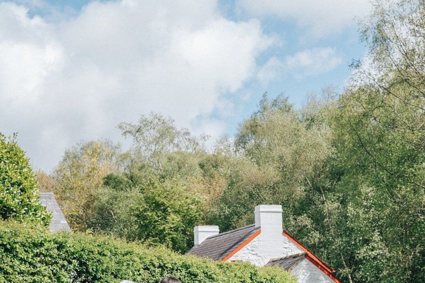 A house with a red roof nestled among green trees and a cloudy sky. 2