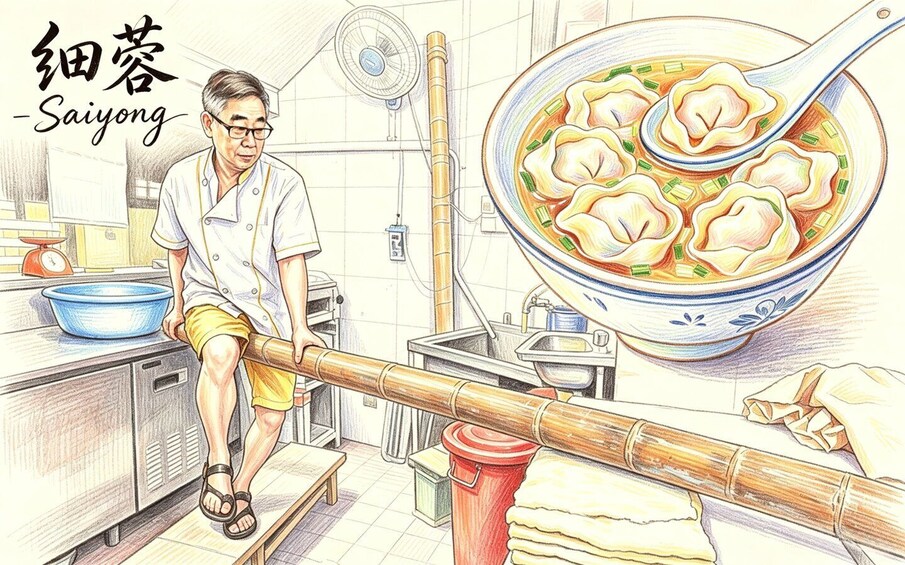 A chef preparing dumplings in a kitchen with a bowl of soup and dumplings in the foreground. 5