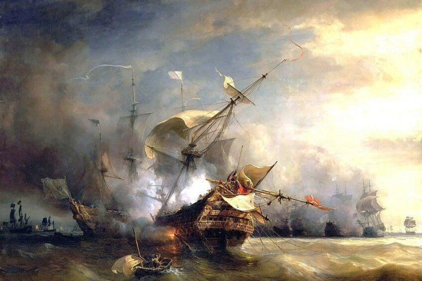 A naval battle with ships firing cannons, smoke, and a stormy sea. 4