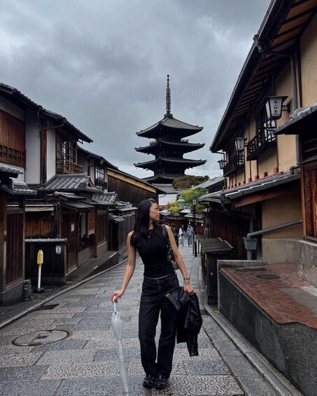 A traditional Japanese street with a pagoda in the background. 5