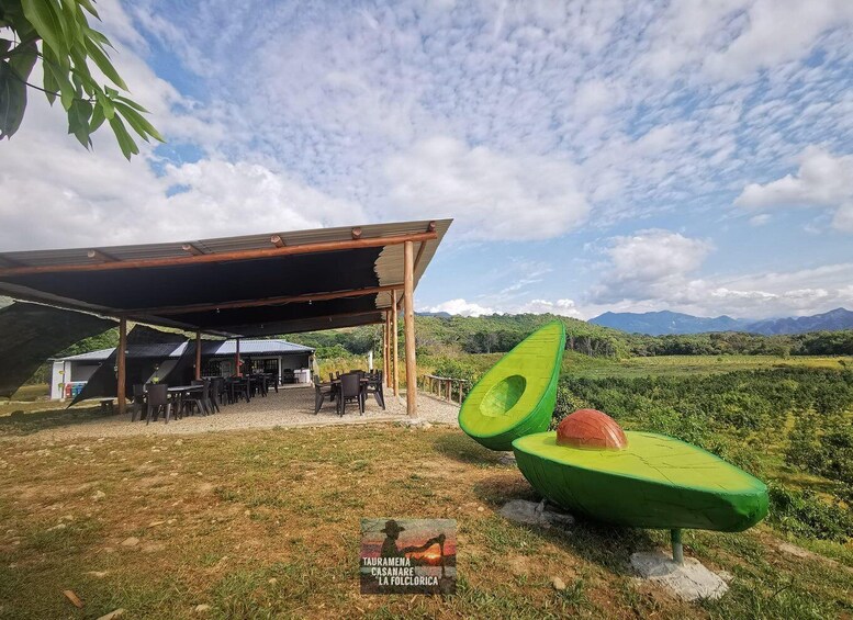 A covered outdoor seating area with tables and chairs, a large avocado sculpture, and a mountain backdrop. 5