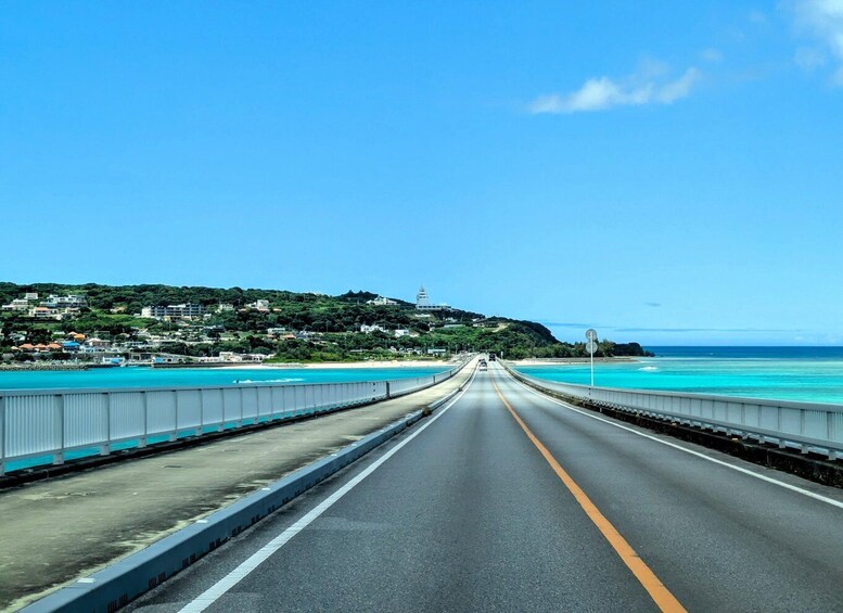 A coastal road with a clear blue sky, a bridge, turquoise waters, and a hillside with buildings. 1