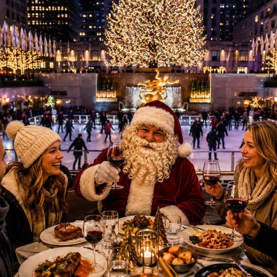A festive scene with a person in a Santa costume seated at a table with food and drinks, surrounded by a crowd and a large illuminated Christmas tree. 5