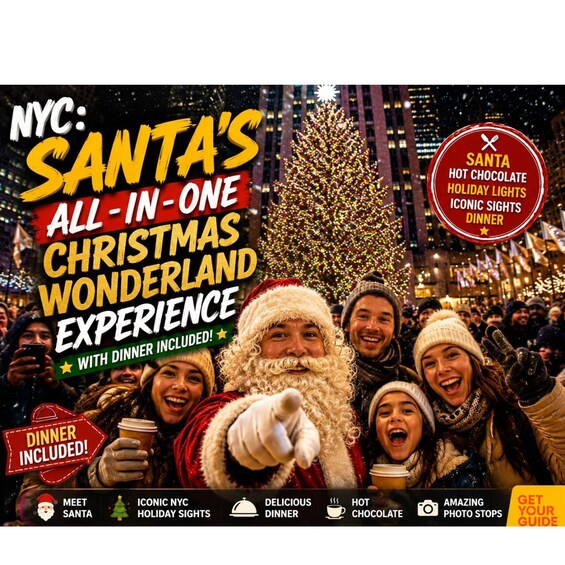A festive NYC Christmas event with Santa, holiday lights, and a Christmas tree. 1