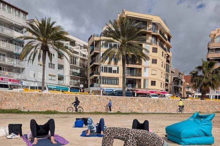 A beach with people sunbathing, a cyclist, and palm trees. 4