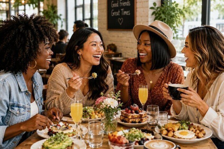 A group of people dining at a restaurant with a variety of dishes and drinks on the table. 1