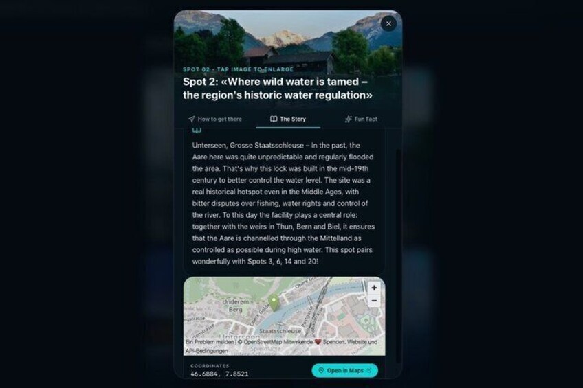 A mobile device displaying a map with a highlighted location and text about historic water regulation. 3
